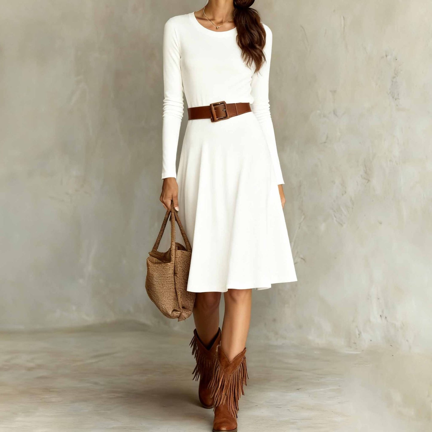 Elegant Western-style Crew-neck Long-sleeve Dress Springautumn