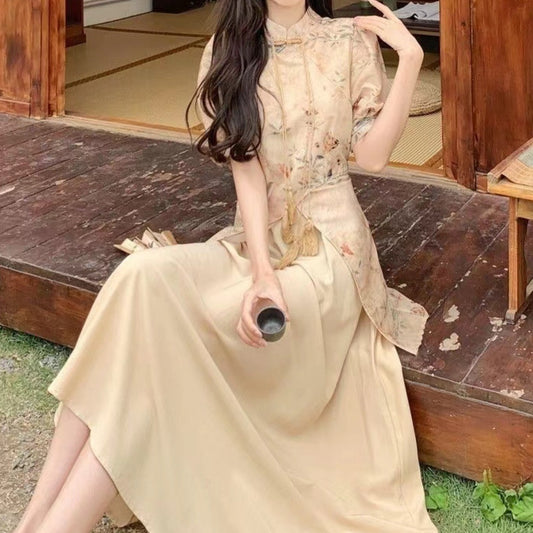 Cheongsam Floral-print Dress A Chic Autumnal Long Skirt That Cinches The Waist To Create A Slimming Silhouette