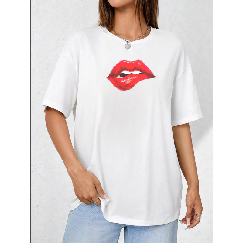 American-style Pure Cotton Short-sleeve Top With A Red Lip Print