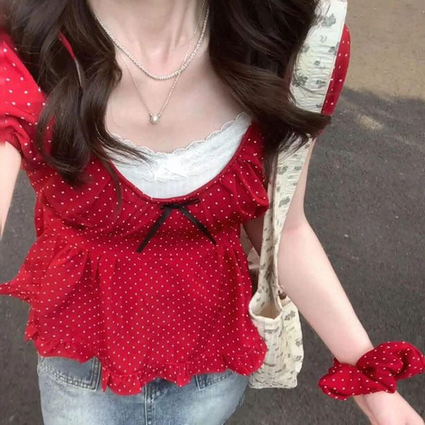 Women's Lace-up Top Sweet And Spicy Polka Dot Short Sleeve T-shirt