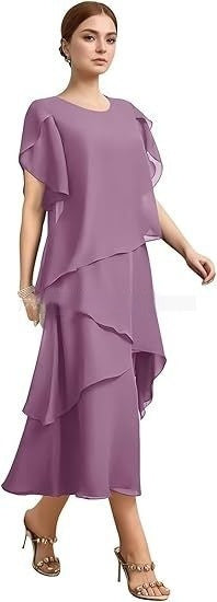 Womens Chiffon Loose Belly-Covering Layered Ruffle-Trim Dress