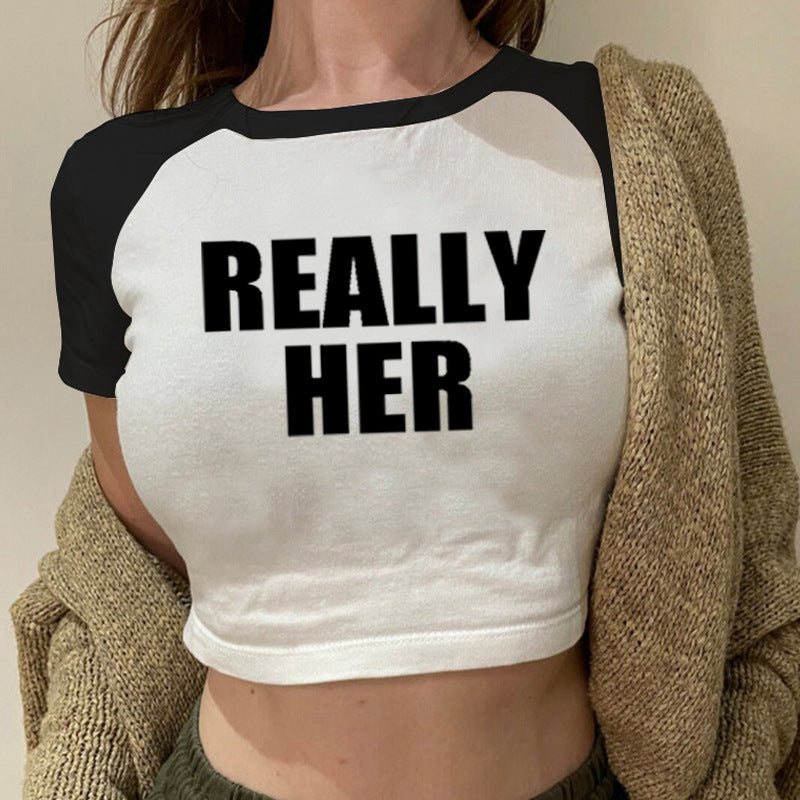Fashion Letter Pattern Printed Short Top Navel T-shirt