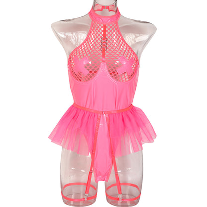 PU Patent Leather Large Grid Cross Pieced Hanging Neck Underwear