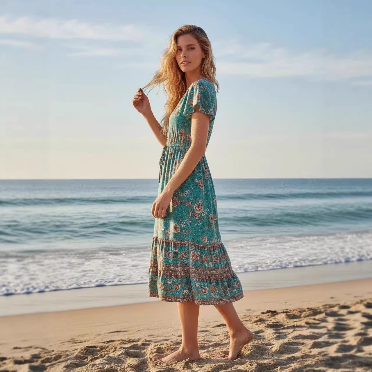 Womens Casual V-Neck Printed Dress