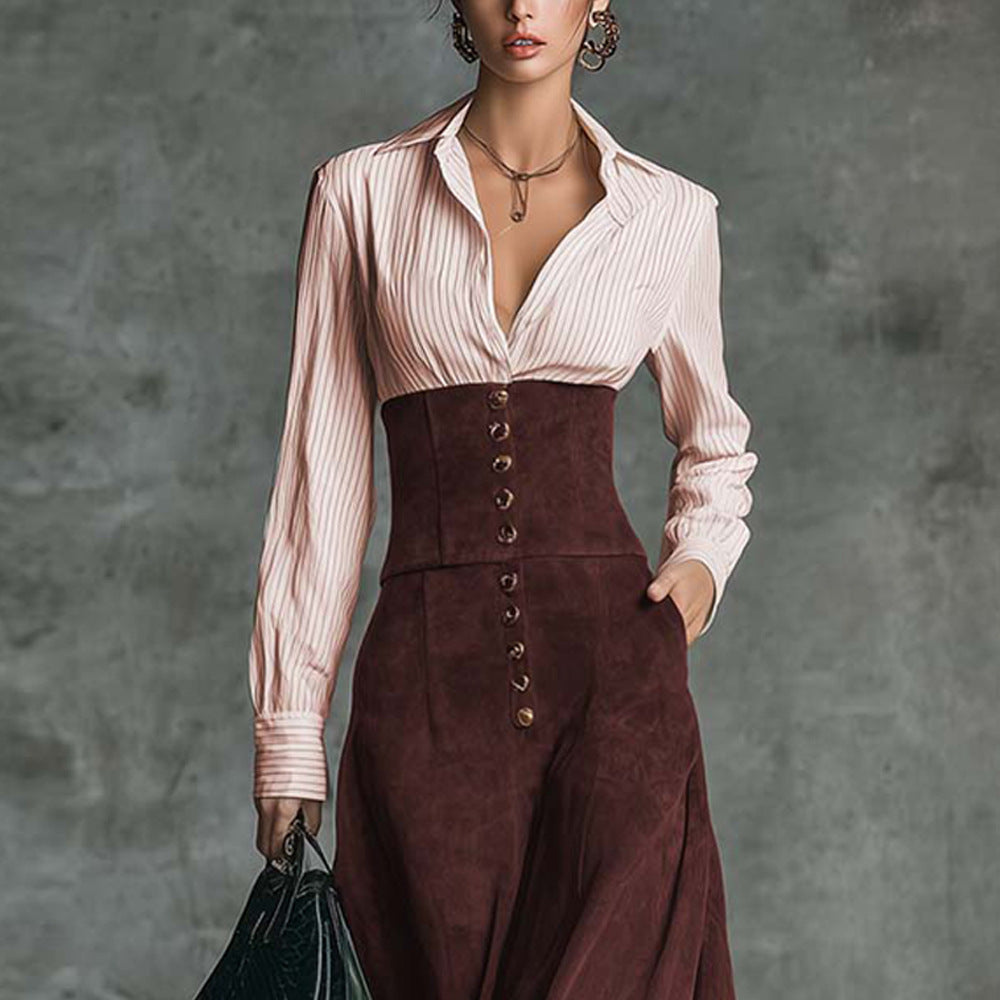 Elegant Shirt Paired With A Patchwork Flared A-line Skirt