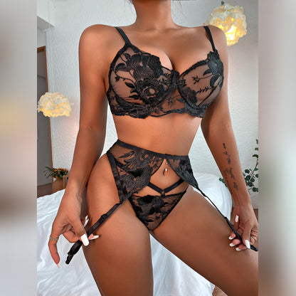 European And American Fashion New Mesh Embroidered Ribbon Steel Ring Garter Belt Sexy Underwear Three-piece Set