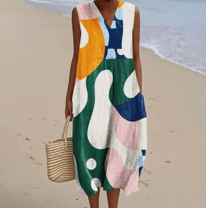 Womens Fashionable V-Neck Sleeveless Printed Dress