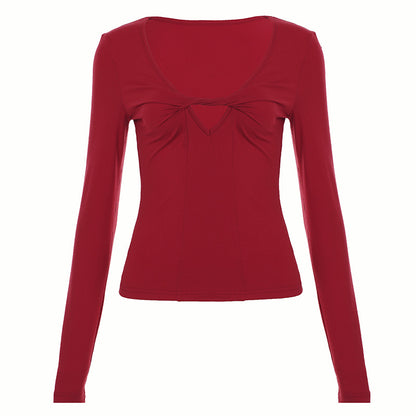Deep V Long Sleeve Solid Color Sexy Slim-Fit Underwear Top