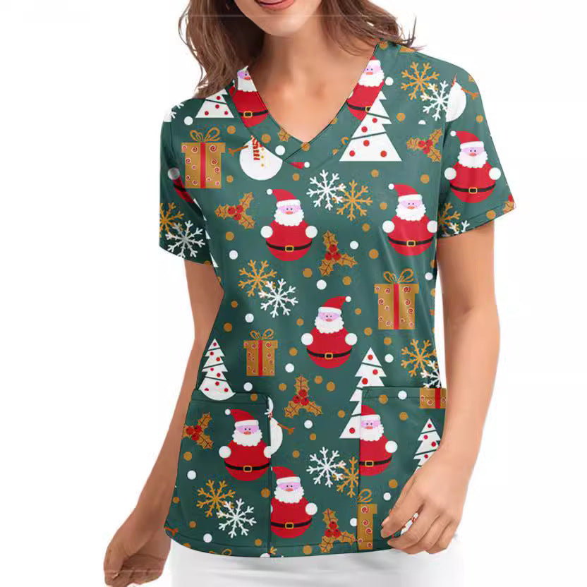 Christmas Women's Short-sleeved V-neck Protective Clothing Nursing Gown Top