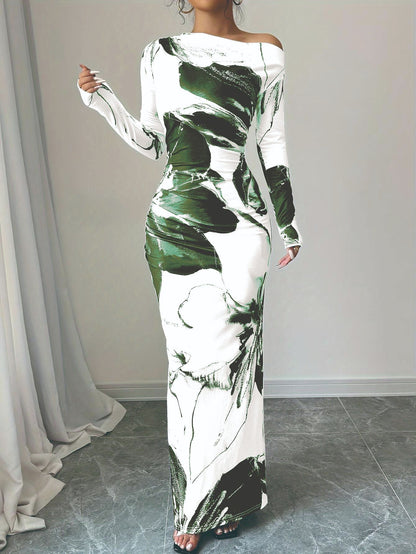 Womens Printed Slim-Fit Long-Sleeve Dress
