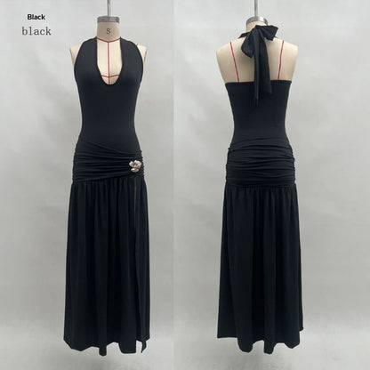 Womens Halterneck Backless Slim Fit Solid Color Split Dress