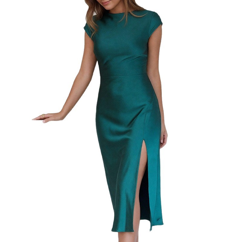 Womens Slim Elegant Split Formal Dress A Sophisticated Solid-color Workwear Dress