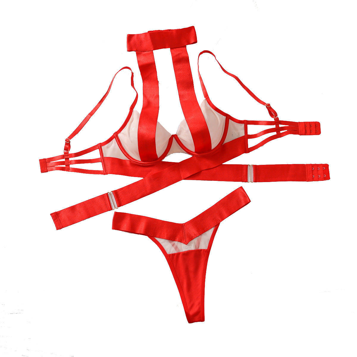 Stitching Mesh Cross Underwear Sheer Cutout Two-piece Set