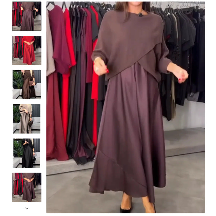 Elegant Simple Solid-color Dress With A Round Neck And Three-quarter-length Sleeves
