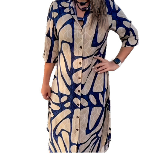 Womens Stylish And Elegant Striped Long-Sleeve Cardigan Long-Button Front Dress