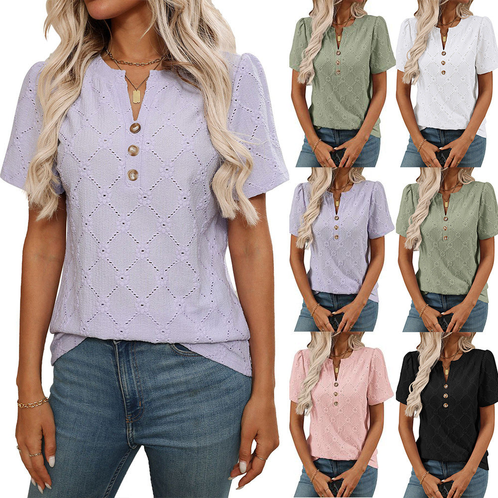 Round Neck Flower Jacquard Top Button T-shirt