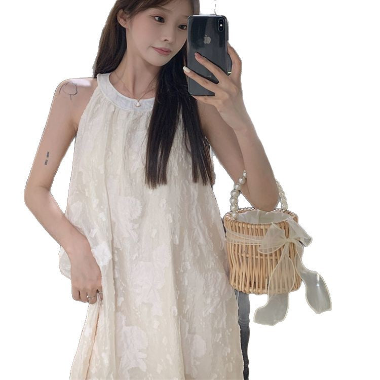 Sleeveless Halterneck Dress With Chiffon Lace Crochet And Off The Shoulder Design