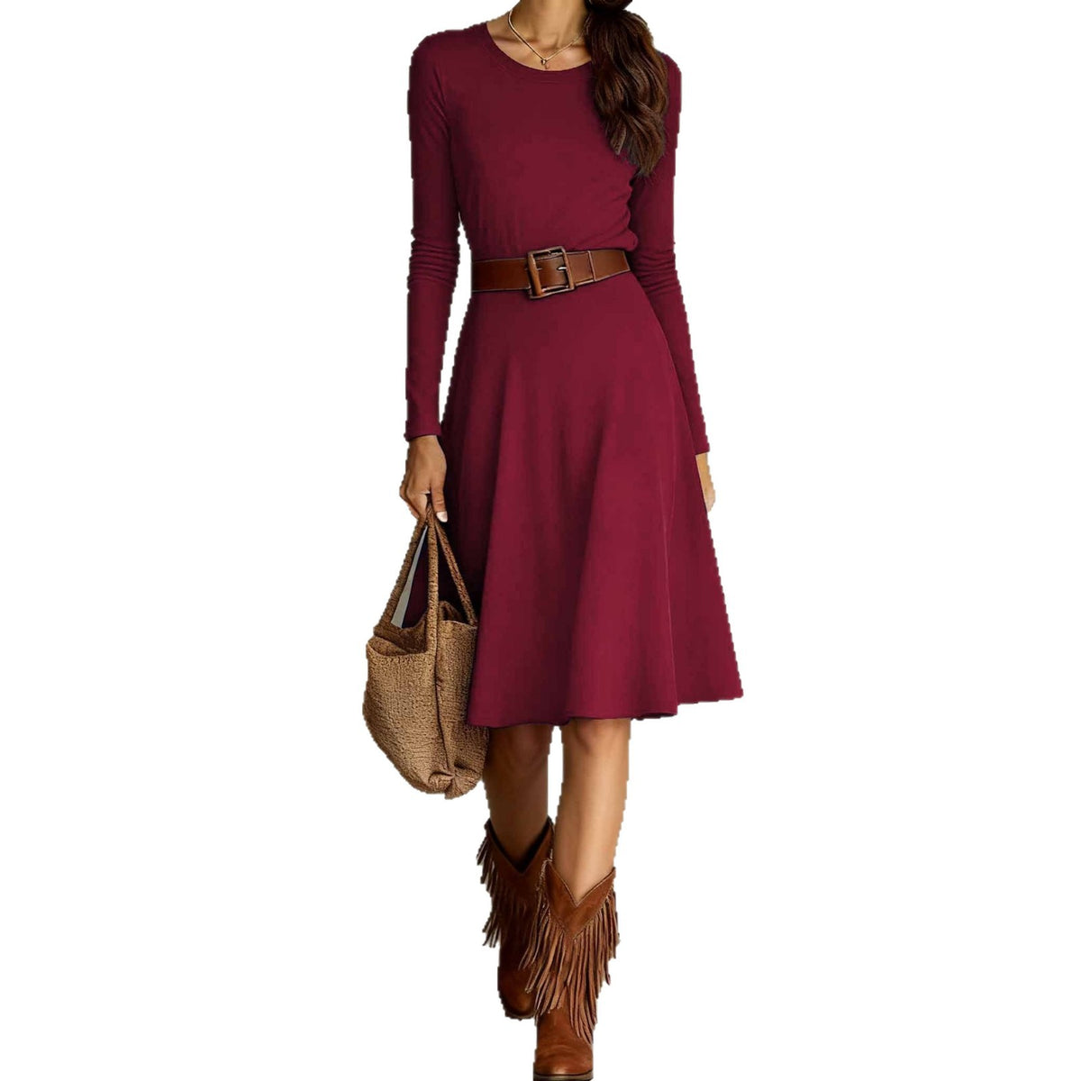 Elegant Western-style Crew-neck Long-sleeve Dress Springautumn