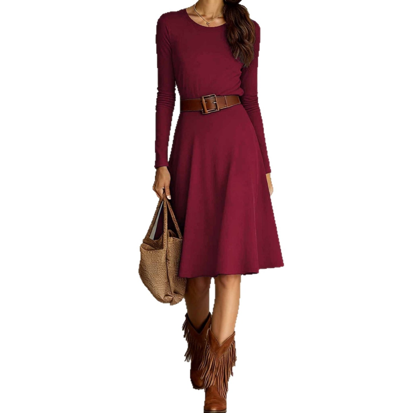 Elegant Western-style Crew-neck Long-sleeve Dress Springautumn