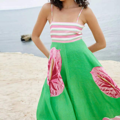 Elegant Printed Striped High-Waist Swing Dress