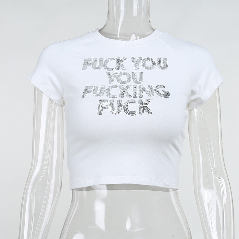 Sequin Alphabet Print Casual Skinny Short Sleeve Simple Hong Kong Style Crop Top
