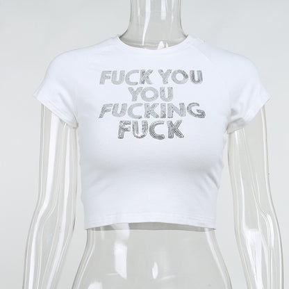 Sequin Alphabet Print Casual Skinny Short Sleeve Simple Hong Kong Style Crop Top