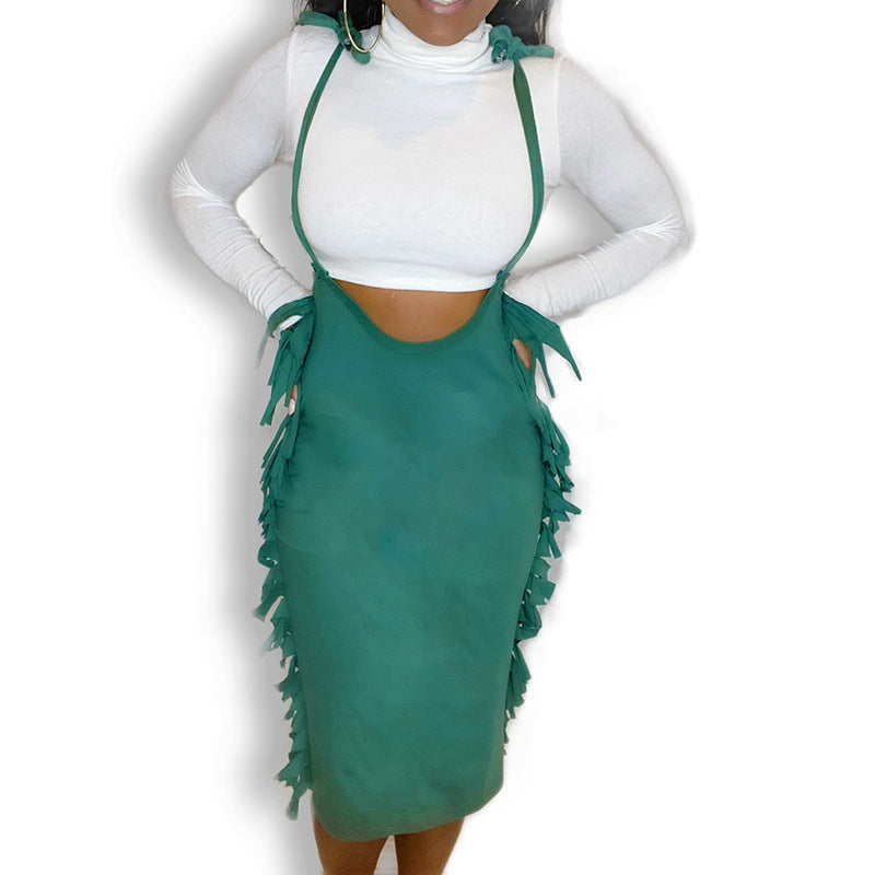 Solid-color Casual Crew-neck Long-sleeve Tassel Suspender Dress Set