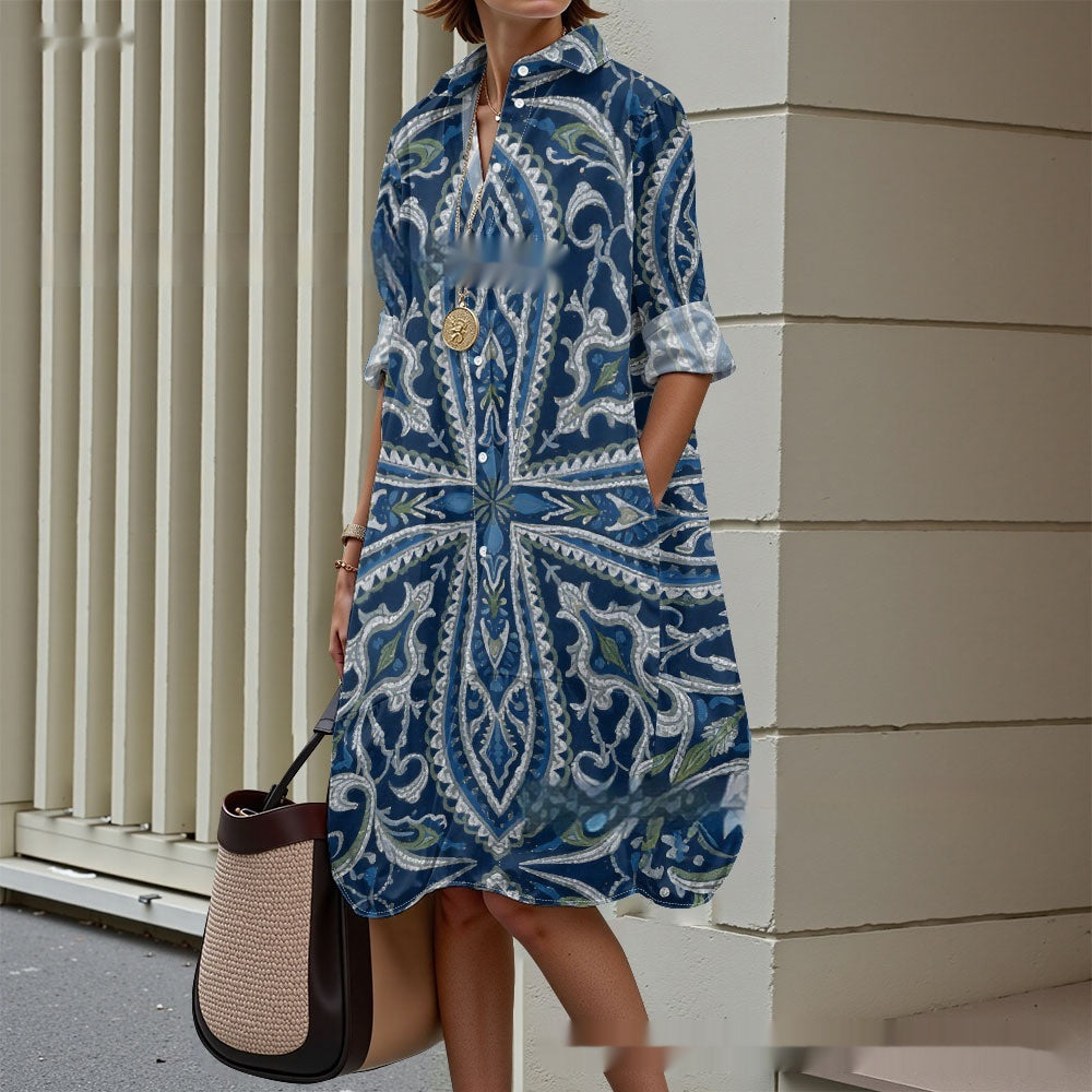 Creative Floral Art Print Long Sleeve Shirt Dress