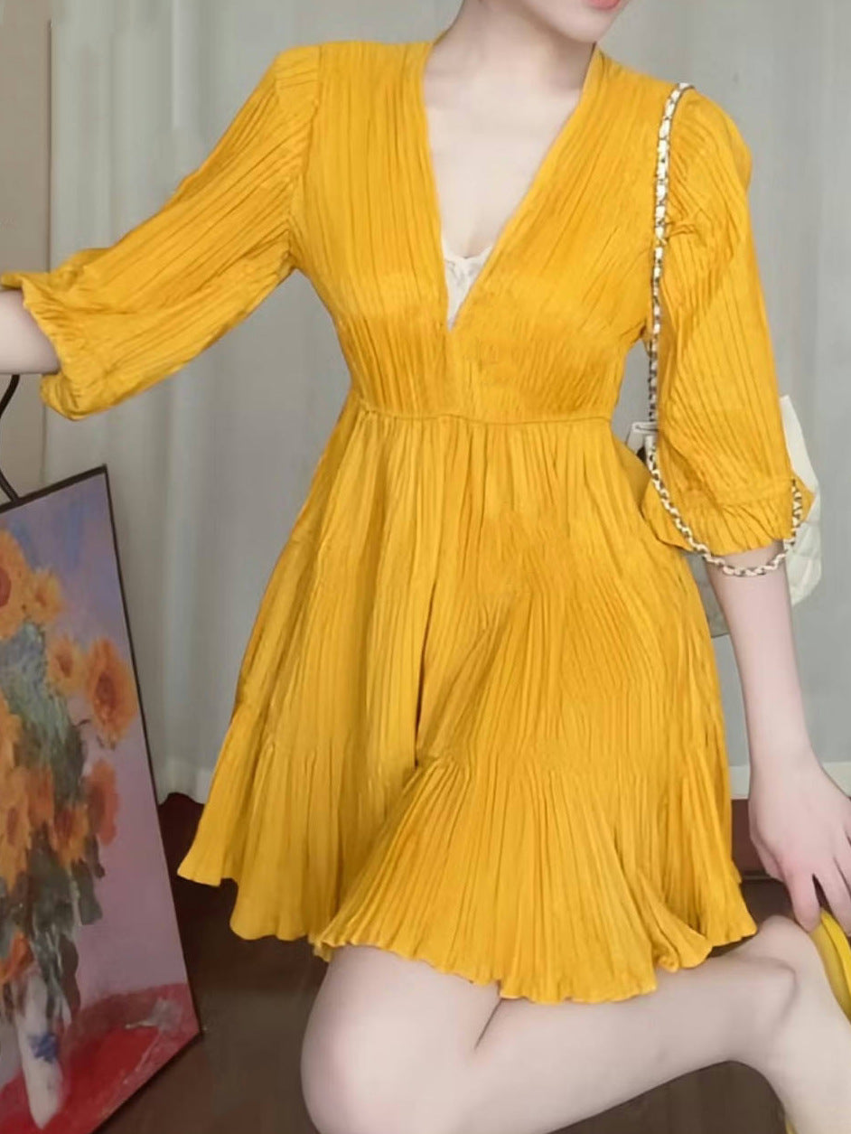 Solid-color V-neck Dress For Spring And Summer