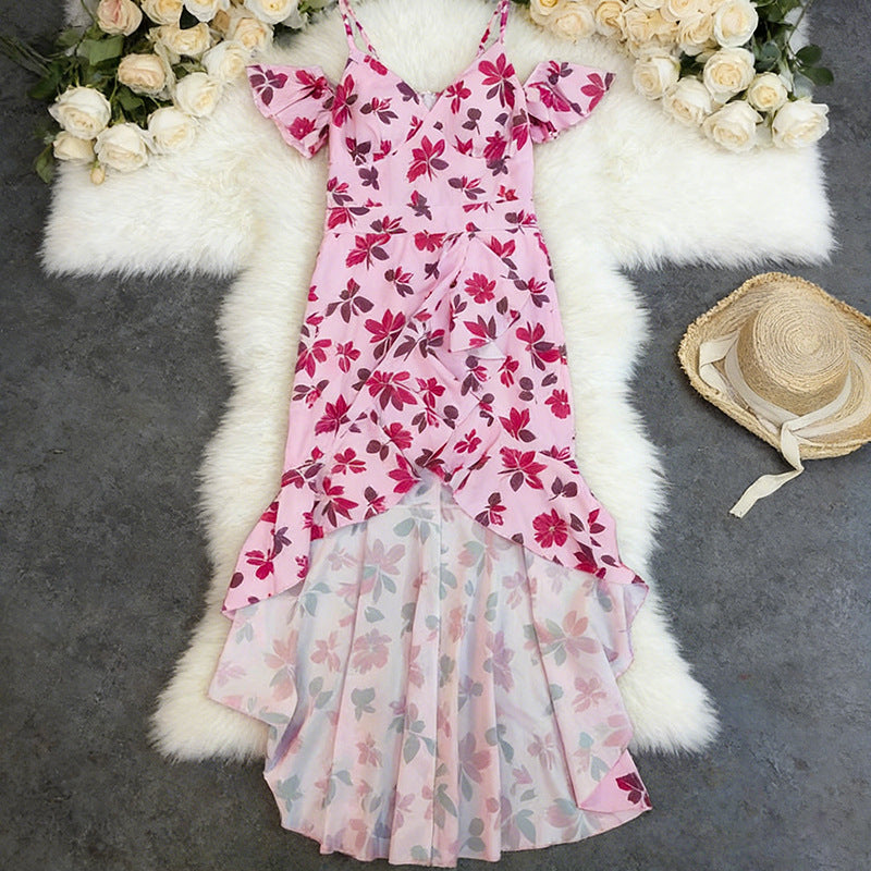 Womens Sexy Sleeveless Strap Dress With Floral Print And Halter Neck