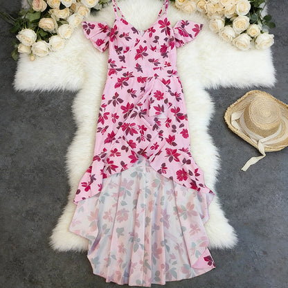 Womens Sexy Sleeveless Strap Dress With Floral Print And Halter Neck