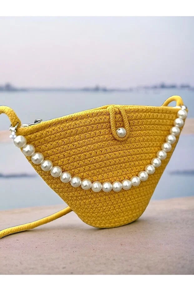 Women Yellow Pearl Design Shoulder Bag