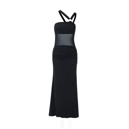 Irregular Off The Shoulder Bandeau Style Hugging Mesh Spliced Backless Dress