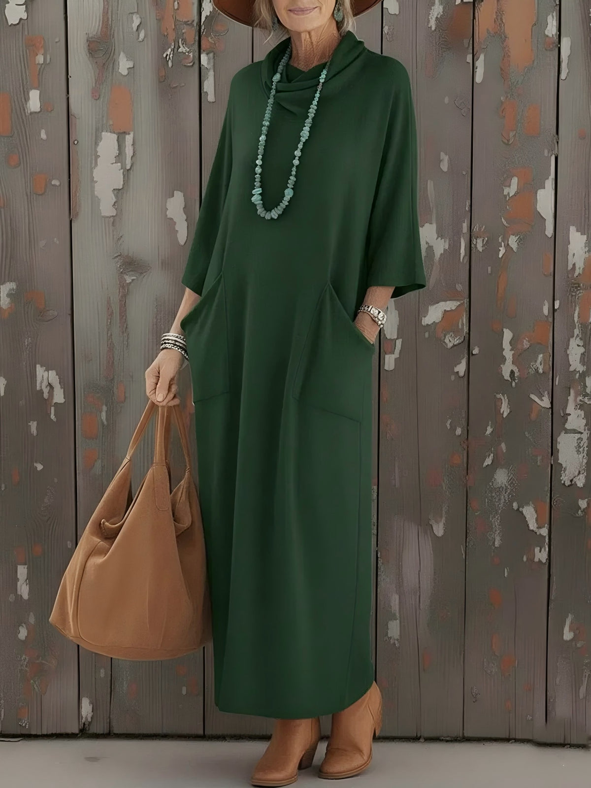 Womens Loose Knitted Dress With High Neck And Pockets