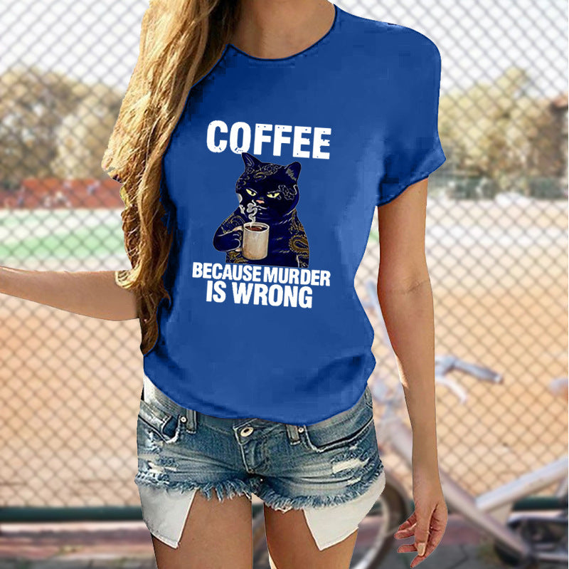 Cat Cute Print T-shirt Round Neck Short Sleeve Top