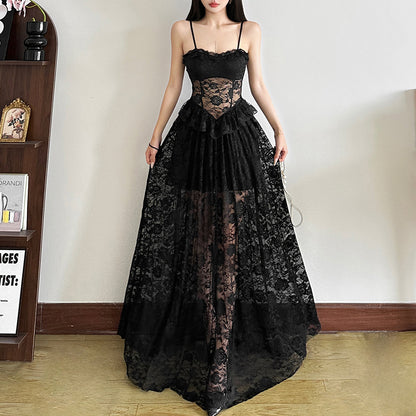 Womens Black Lace Slip Dress With A See Through Bustier Design