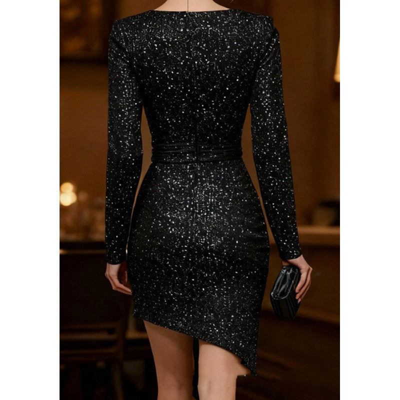 Black Sequined Square-neck Long-sleeve Slim-fit Hip-hugging Mini Dress