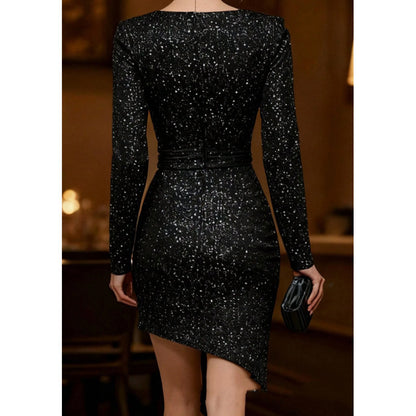 Black Sequined Square-neck Long-sleeve Slim-fit Hip-hugging Mini Dress