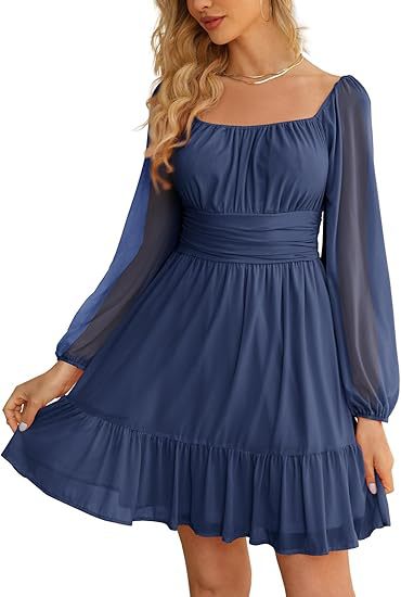 European And American Womens Mesh Long-Sleeve Square-Neck Dress