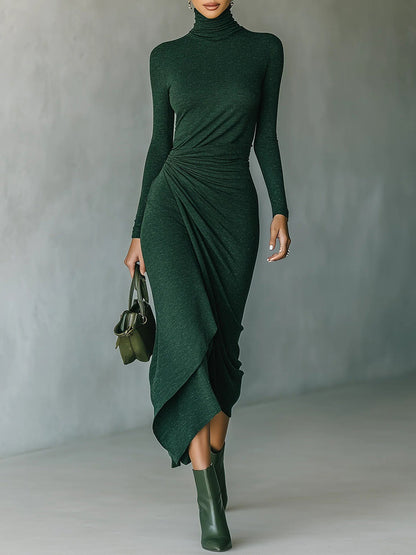 Womens High Neck Defined Waist Asymmetrical Wrap Dress