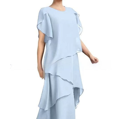 Womens Chiffon Loose Belly-Covering Layered Ruffle-Trim Dress