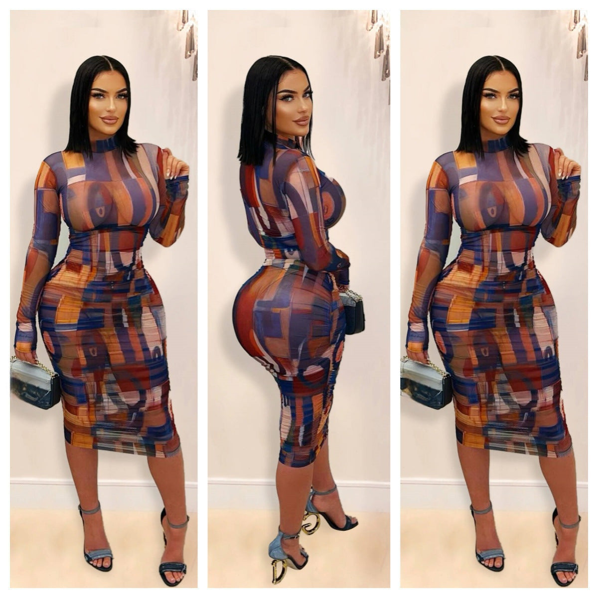 Fashionable And Elegant Printed Mesh Ruched Dress