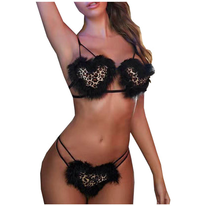 European And American Women's Three-point Leopard Print Underwear With Fur Suit