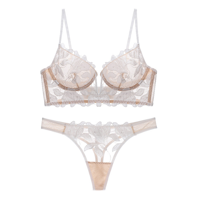 European And American Underwear Gathered Deep V Three-dimensional Embroidery Mesh