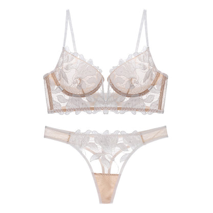 European And American Underwear Gathered Deep V Three-dimensional Embroidery Mesh