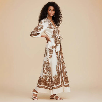 Elegant Printed V-Neck Dress With Puffed Sleeves