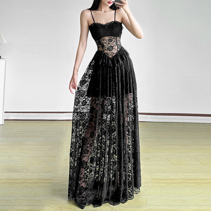 Womens Black Lace Slip Dress With A See Through Bustier Design