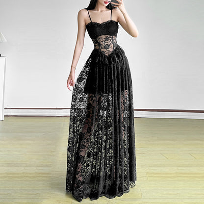 Womens Black Lace Slip Dress With A See Through Bustier Design
