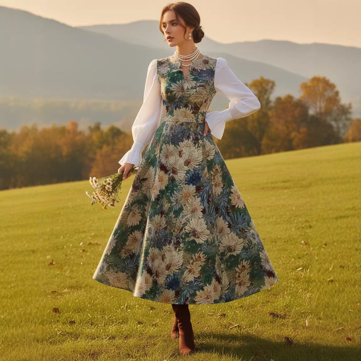Retro Casual V-Neck Printed Long-Sleeve Womens Dress