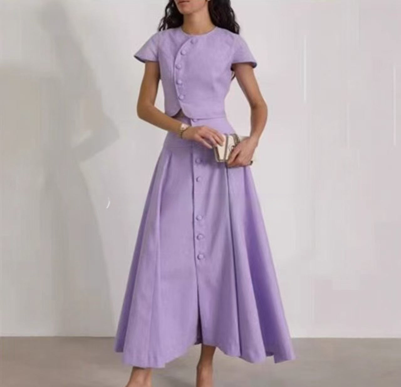 Solid-Color Buttoned Short-Sleeve Top And Flared Maxi Skirt Two-Piece Set